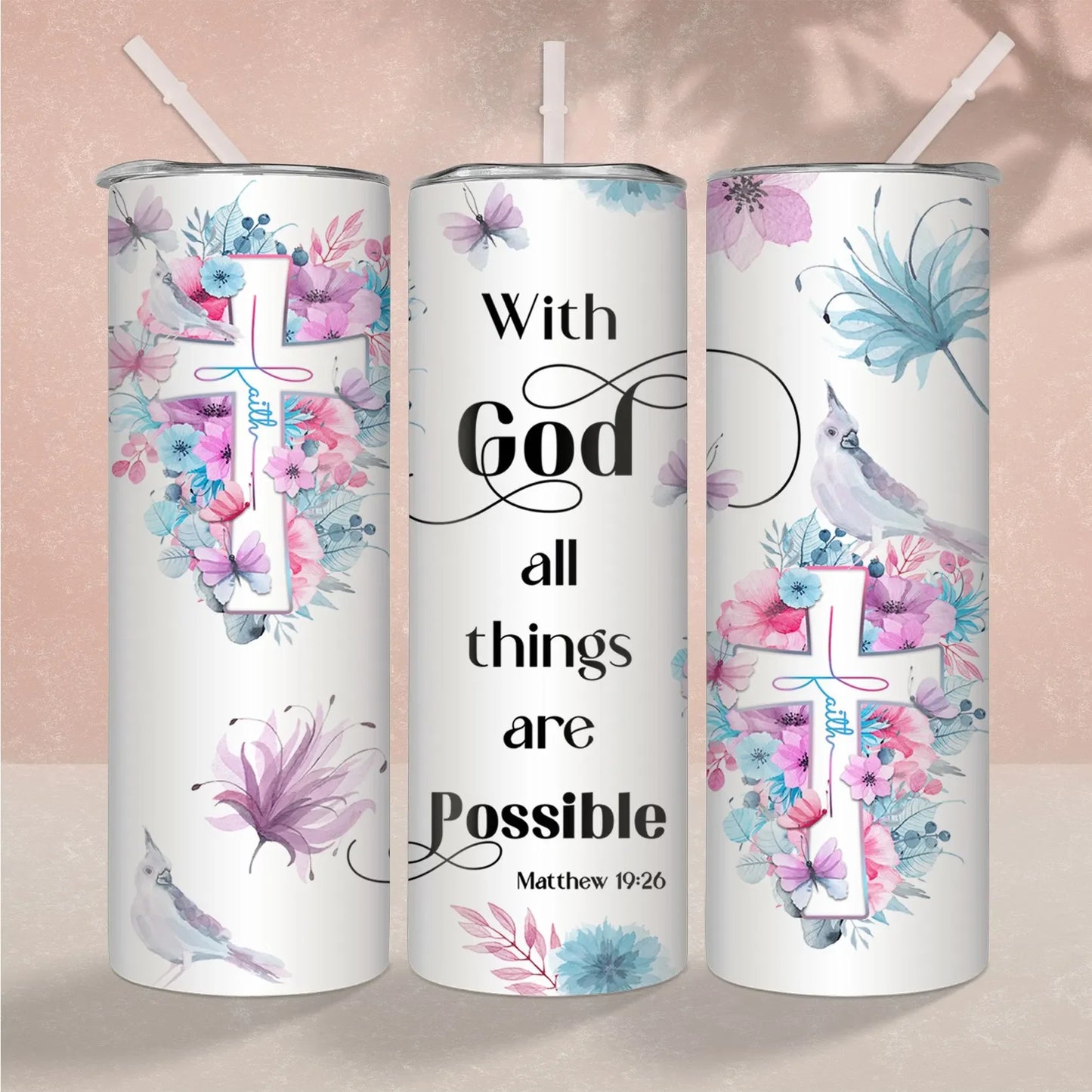 1pc 20oz With God All Things Are Possible Tumbler With Lid And Straw Christian Insulated