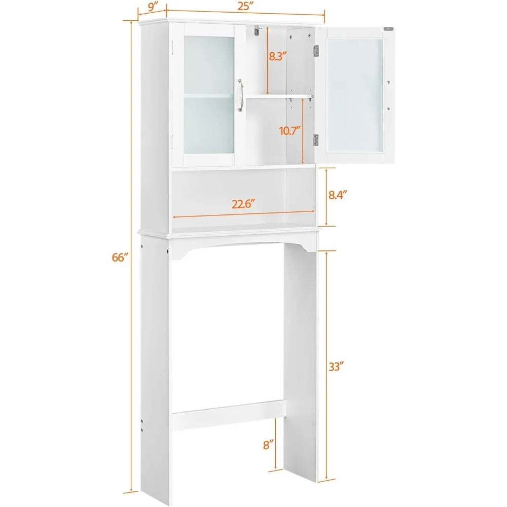 Over The Toilet Storage Cabinet with Double Tempered Glass Doors and Adjustable Shelf,