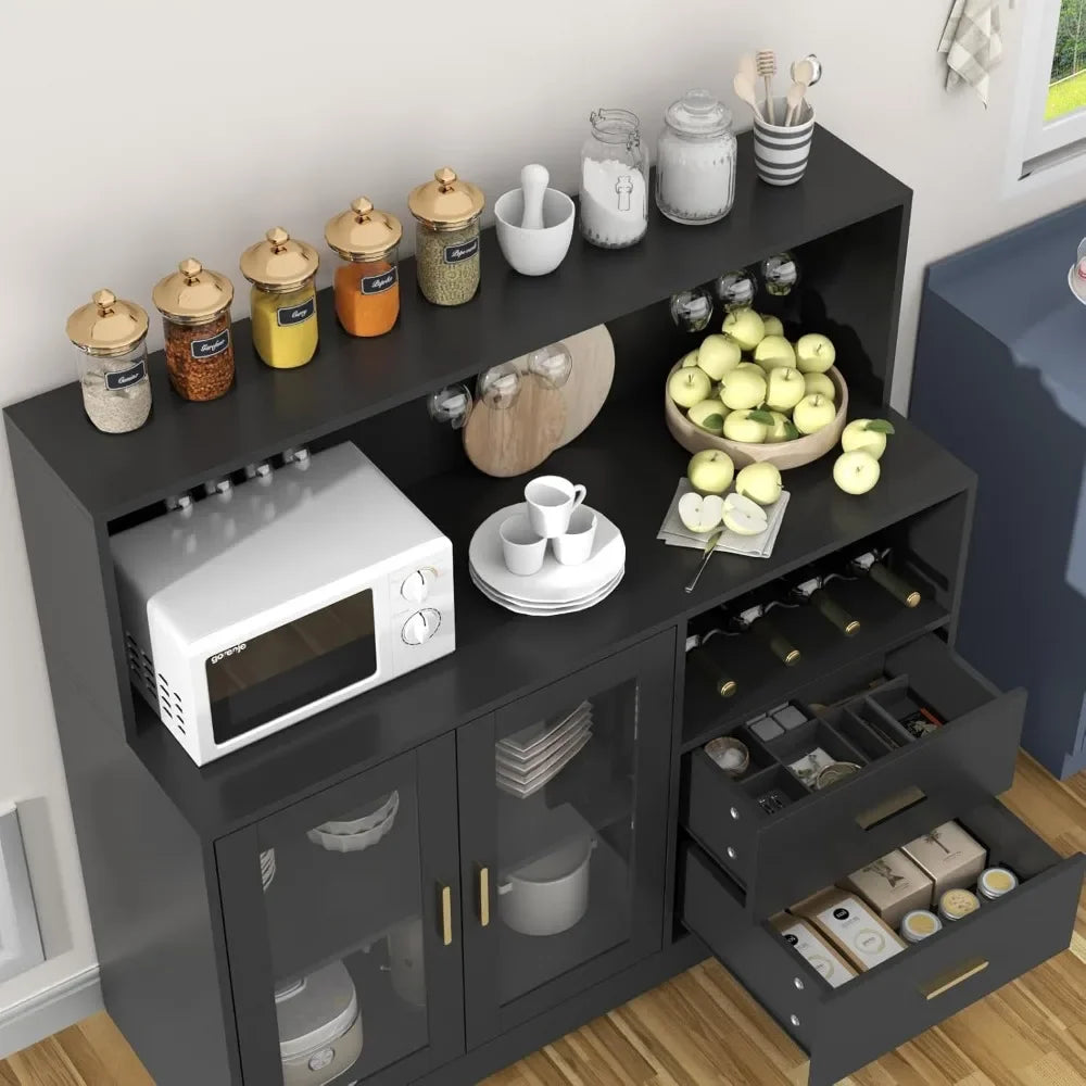 Wine Bar Cabinet with LED Light, with Wine and Glass Rack, Kitchen Buffet Sideboard