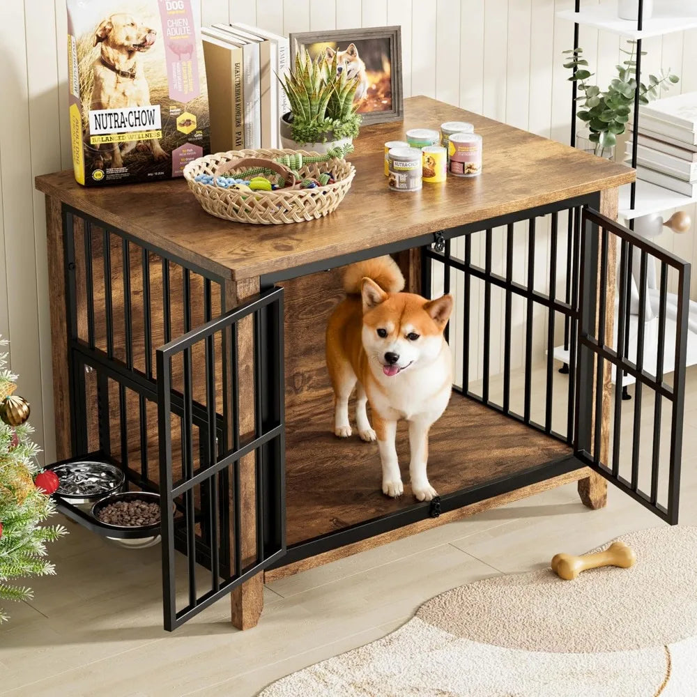 Dog Crate Furniture, Wooden Dog Kennel Indoor with Adjustable 360°
& Height Bowls, Double Doors Furniture Dog Crates End Table