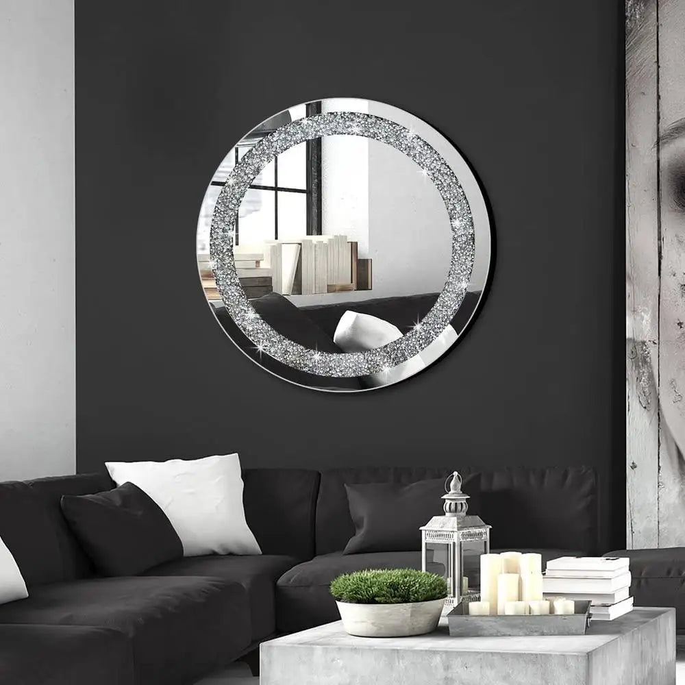 Crystal Crush Diamond Sparkly Oval Silver Wall Mirror 24x16x1 inch Frameless Bling Chic Home Decor