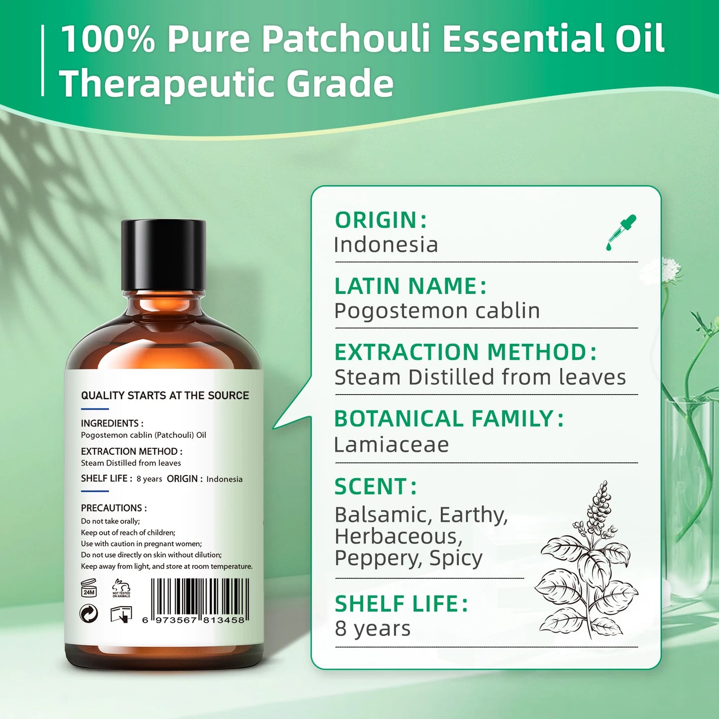 100ML Patchouli Essential Oils,100% Pure Nature for Aromatherapy, Diffuser, Humidifier, Massage, Keep happy, Candle