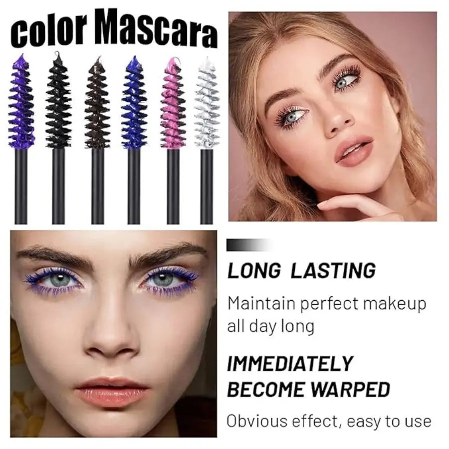6-Colorful Mascara with Large Brush Head, Easy to Color,
Non-Clumping, Non-Fading Mascara, White Purple, Sapphire Blue, Silver Coffee