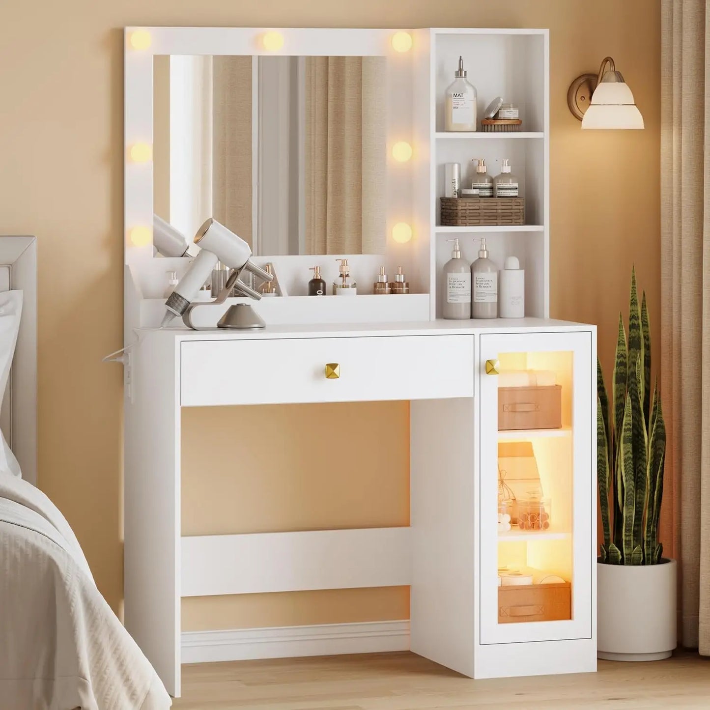 Vanity Desk with Mirror and 3 Adjustable Brightness