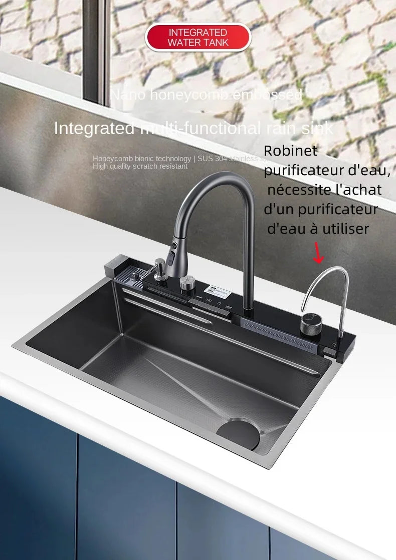 Stainless Steel Waterfall Kitchen Sink
Large Single Slot Integrated Digital Display Faucet Set Soap Dispenser Cup Washer