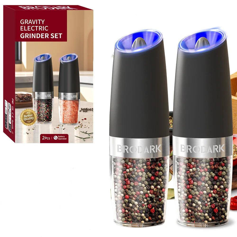 1/2pcs Gravity Electric Salt And Pepper Grinder Set,
Battery Powered LED Light One HandAutomatic Operation