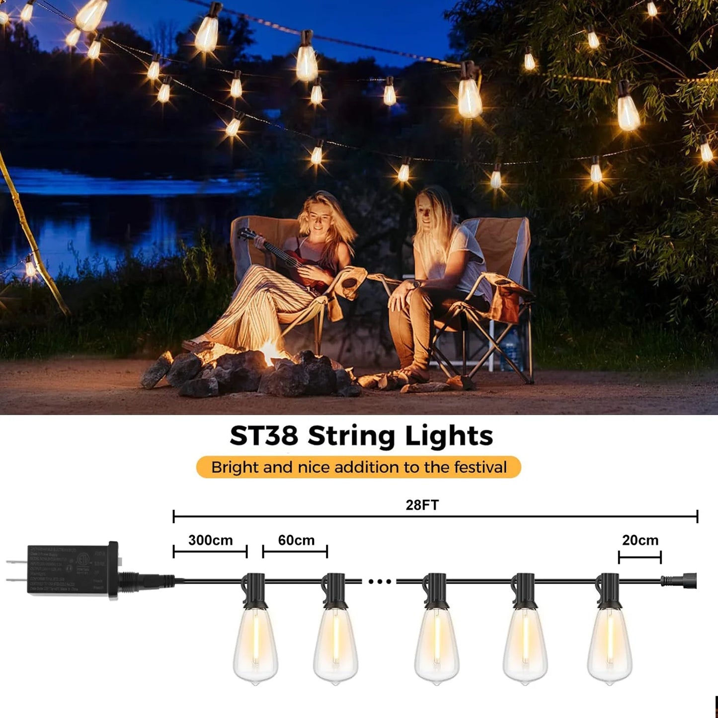 28FT US Plug ST38 String Light Outdoor, 1/2/3/4pcs 10+1 LED