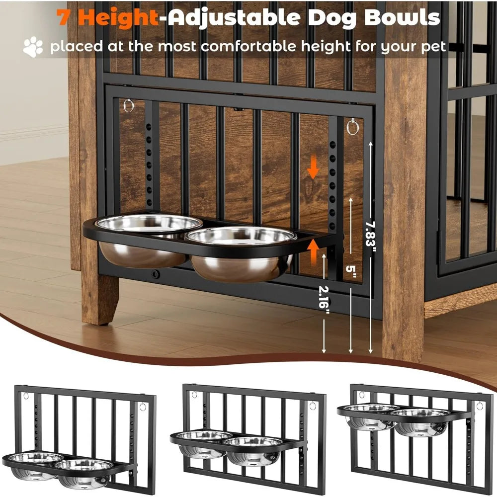 Dog Crate Furniture, Wooden Dog Kennel Indoor with Adjustable 360°
& Height Bowls, Double Doors Furniture Dog Crates End Table