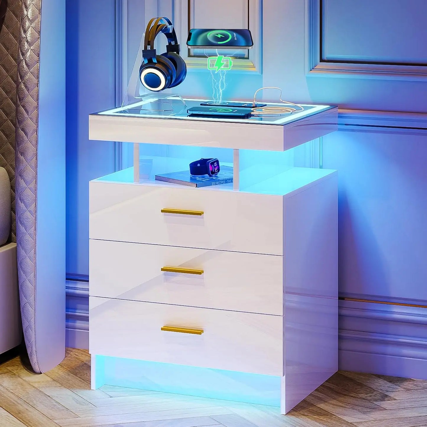 Nightstand with Wireless Charging Station, Auto Sensor
3 Color Dimmable Night Stand, Modern Bedside Table with 3 Drawers & 3 Ope