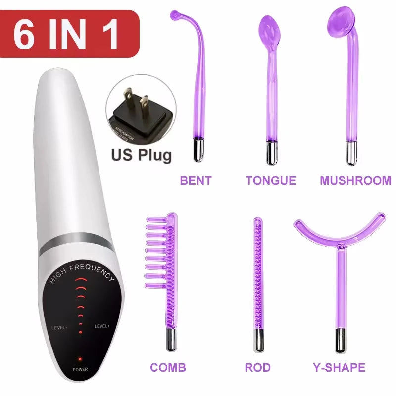 6 IN 1 High Frequency Electrode Wand w/Neon Electrotherapy
Glass Tube Spot Acne Remover Skin Care Face Hair Salon Beauty Device