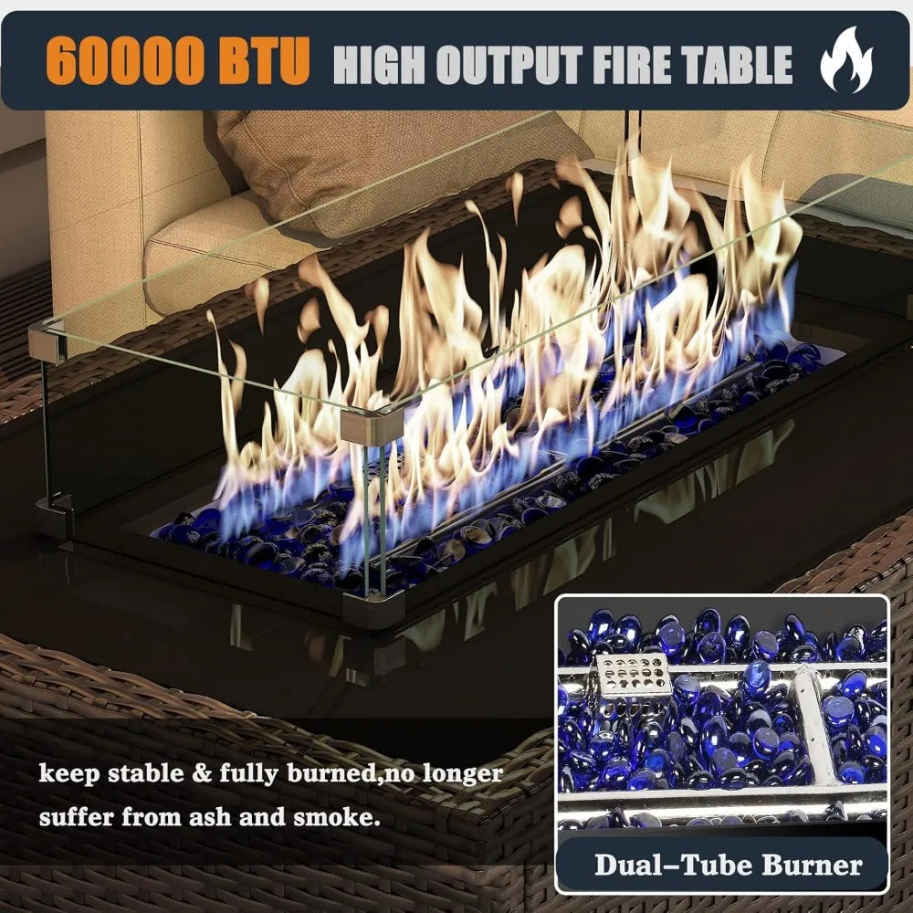 44 Inch Propane Gas Fire Pits Table Rectangular Outdoor Wicker Rattan Fire Pit