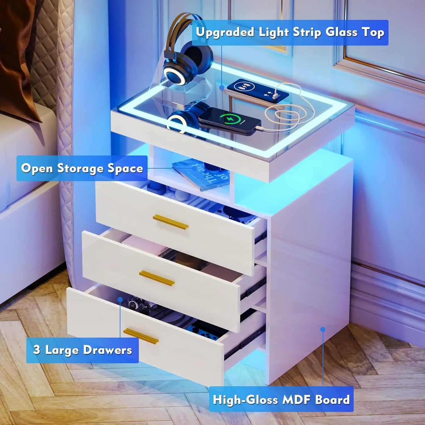 Nightstand with Wireless Charging Station, Auto Sensor
3 Color Dimmable Night Stand, Modern Bedside Table with 3 Drawers & 3 Ope
