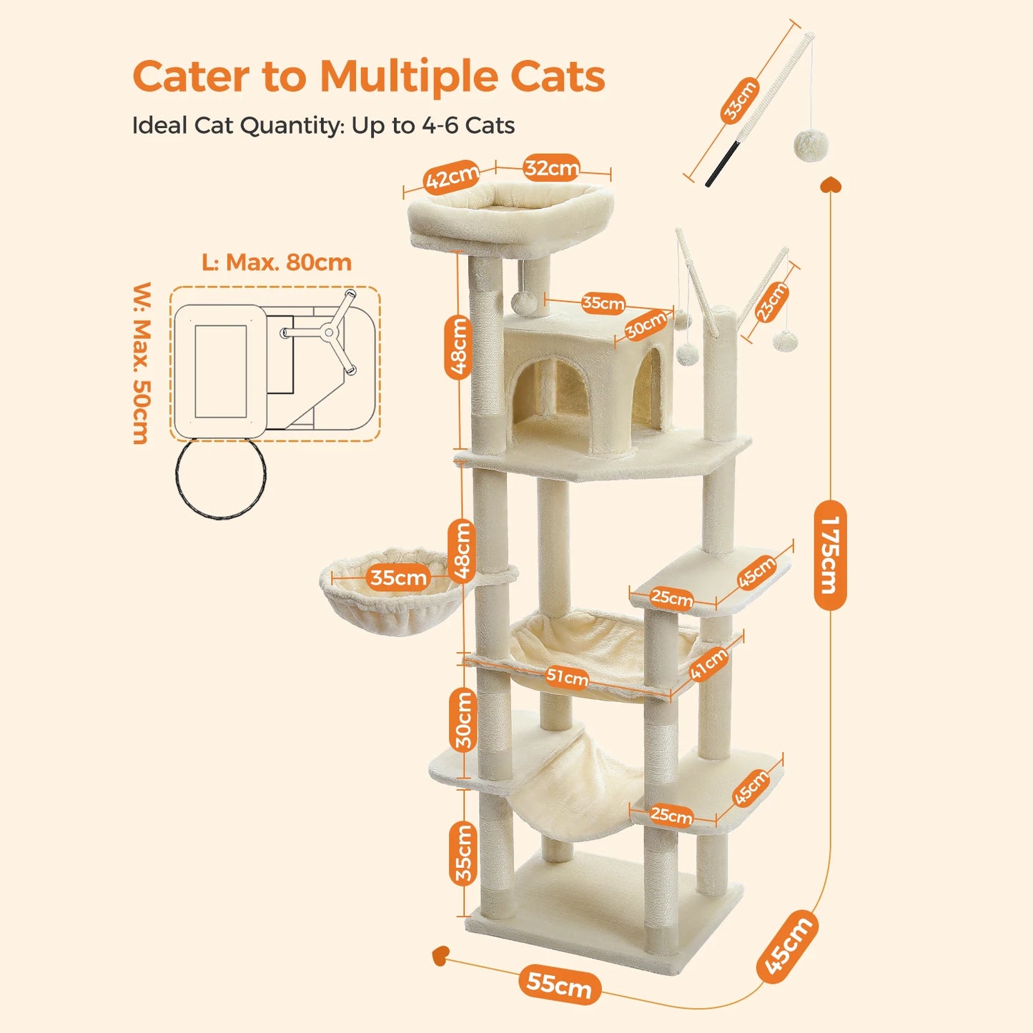 Large Multi-Level Cat Tree Tower with Scratching Posts,
cozy Hammock, Condo House, Tall Cat Scratcher for Indoor, Pet Toys