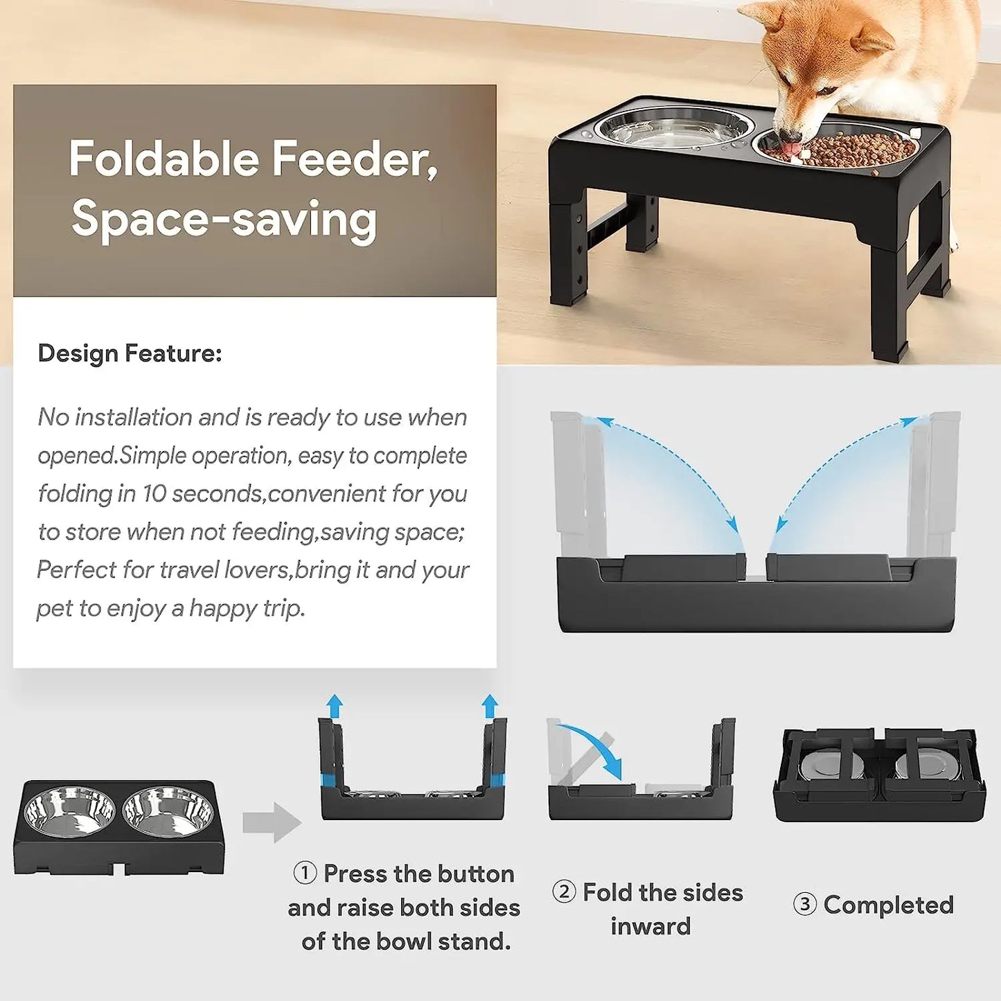 Multi Heights Folding Feeder, Raised Dog & Cat Bowls -
Adjustable Heights & Stainless Steel - Perfect for Small & Large Pets!
