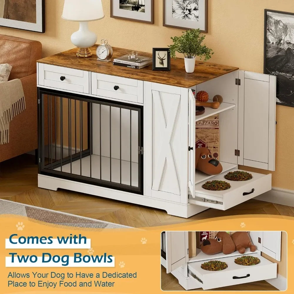 Dog Crate Furniture Kennel with Double Doors,
Wooden Pet House with 2 Drawers and Pet Feeder Station Storage Cabinet