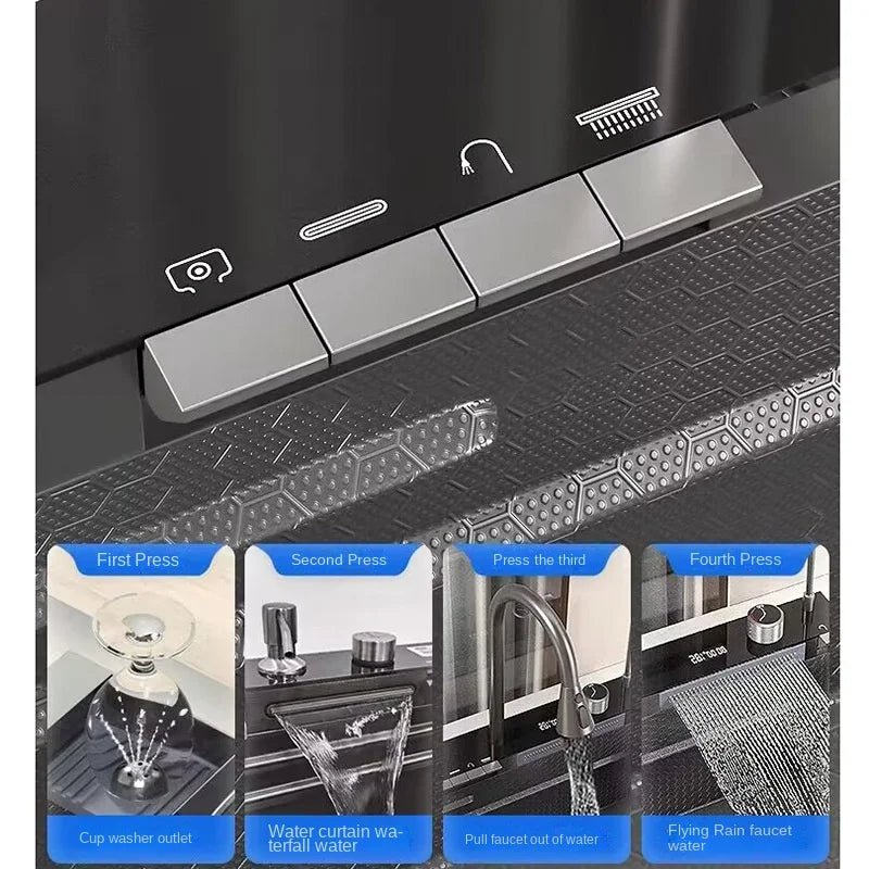 Stainless Steel Waterfall Kitchen Sink
Large Single Slot Integrated Digital Display Faucet Set Soap Dispenser Cup Washer