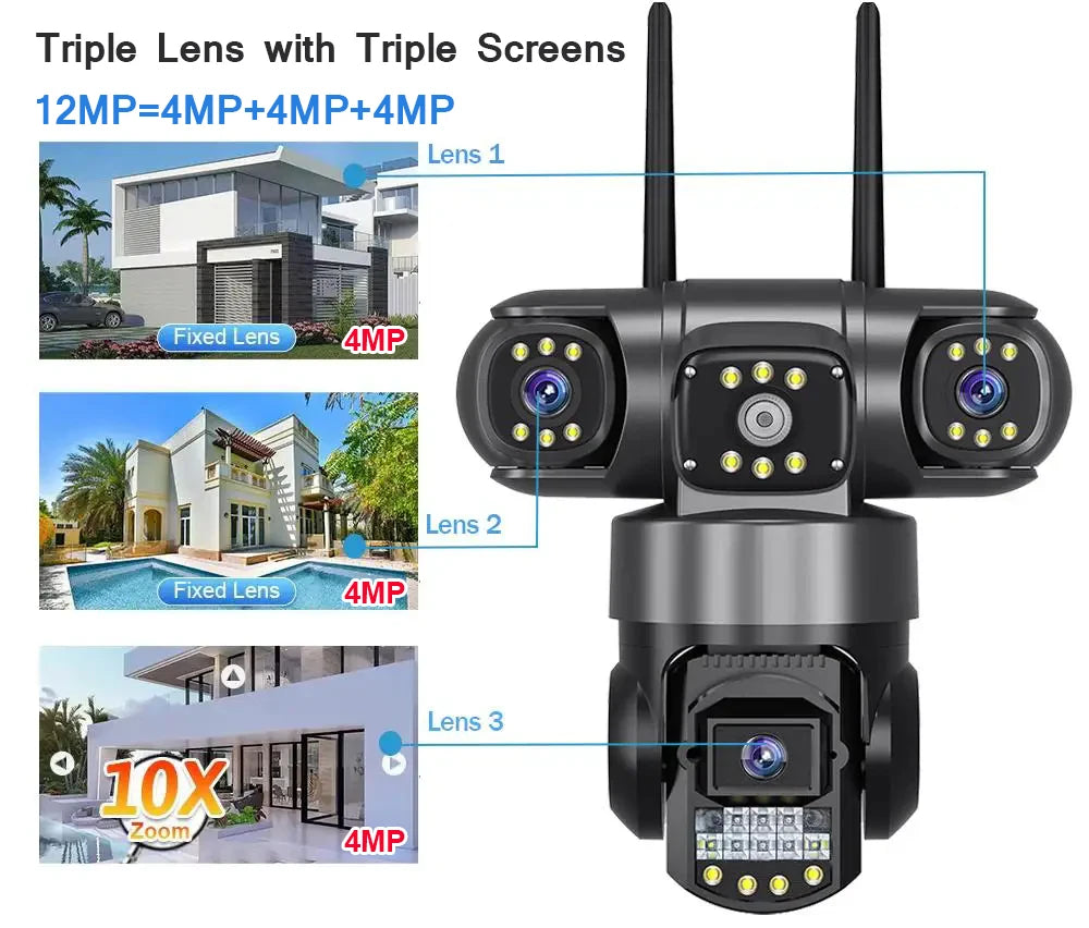 WiFi IP Camera Outdoor 12MP 6K Triple Lenses Triple Screens
Security Video Monitor Night Vision Waterproof CCTV Cameras