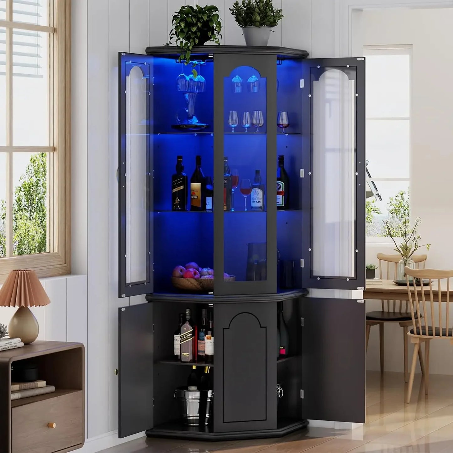 Corner Bar Cabinet w/LED Lights, Tall Modern Wine Cabinet with Tempered Glass Door
& Adjustable Shelves, Home Bar Liquor Storage
