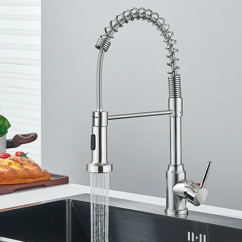 Chrome Spring Pull Down Kitchen Faucets
Stream Spray Head Hot Cold Water Tap Stainless Steel