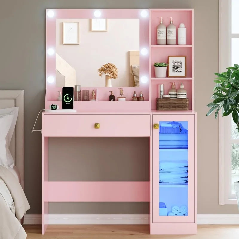 Vanity Desk with Mirror and 3 Adjustable Brightness
