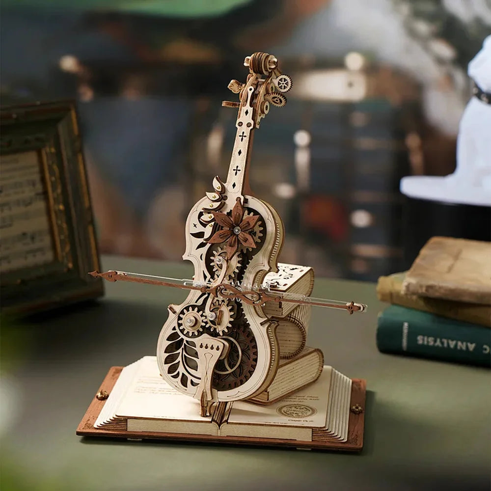 3D Wooden Puzzle Magic Cello Mechanical Music Box Moveable STEM\