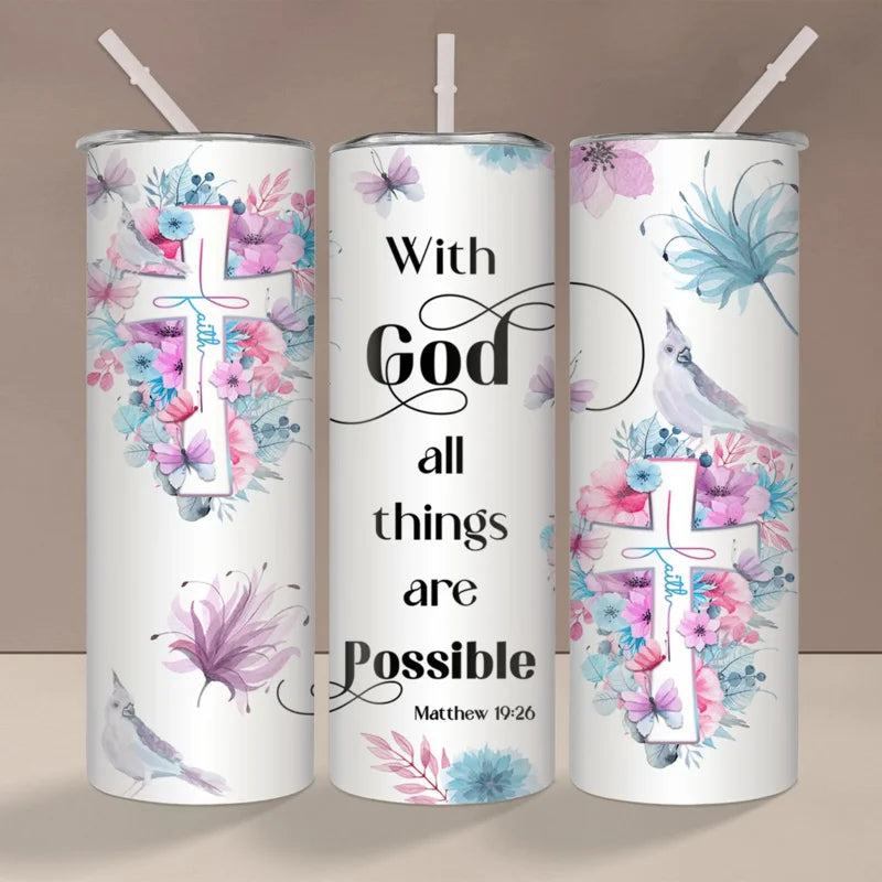 1pc 20oz With God All Things Are Possible Tumbler With Lid And Straw Christian Insulated