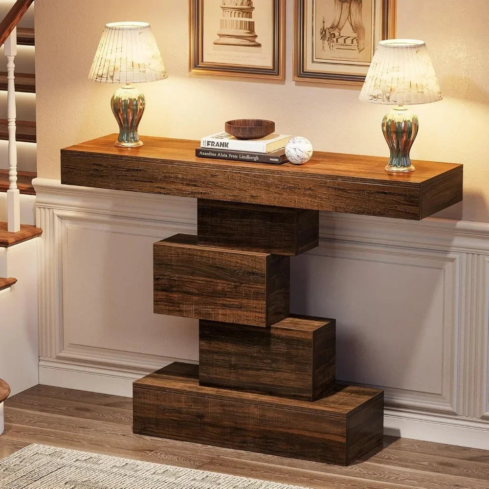 Console Table, 42.5-Inch Narrow Wood Sofa Table
Behind Couch with Geometric Base, Industrial Entryway Accent Table