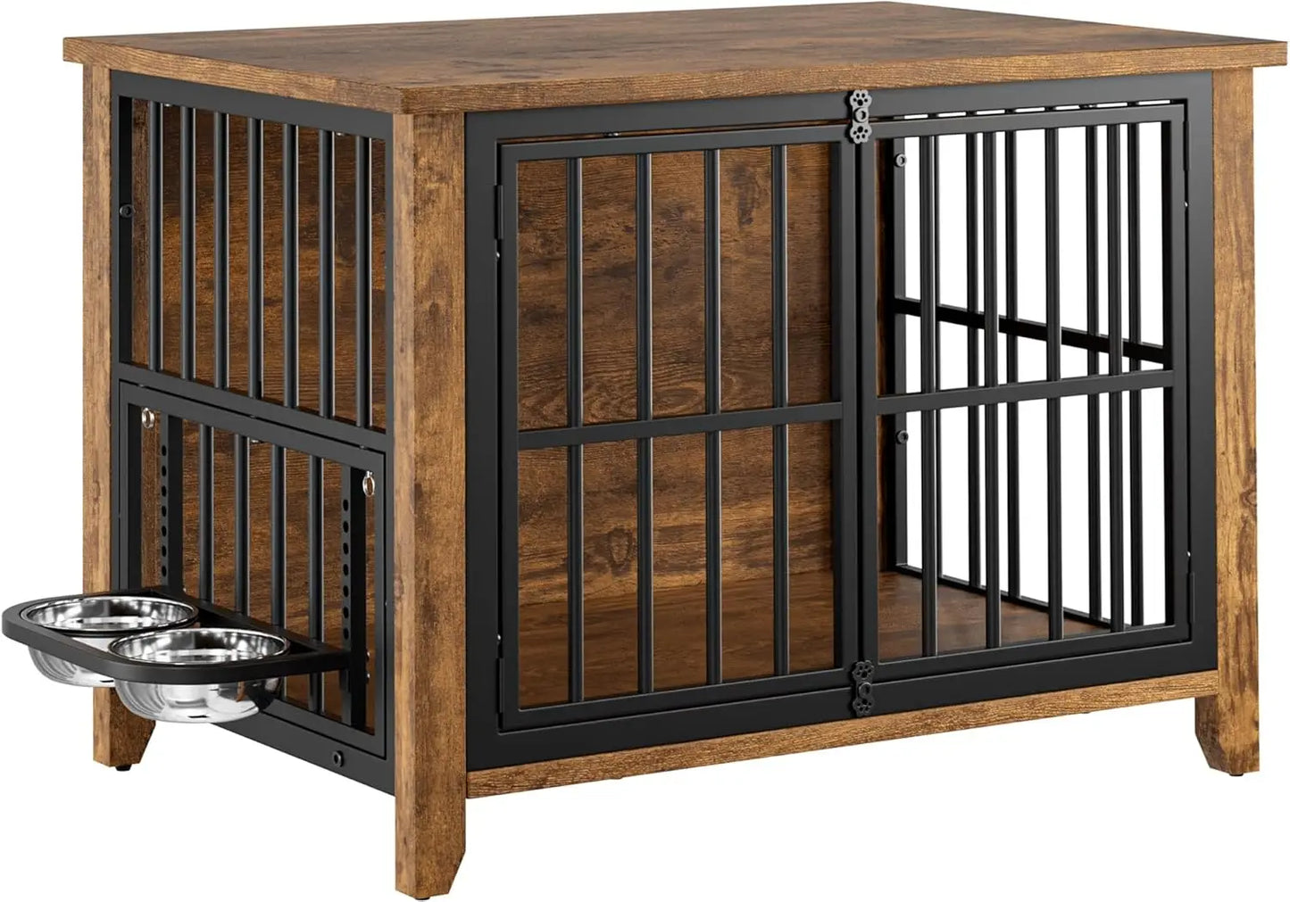 Dog Crate Furniture, Wooden Dog Kennel Indoor with Adjustable 360°
& Height Bowls, Double Doors Furniture Dog Crates End Table