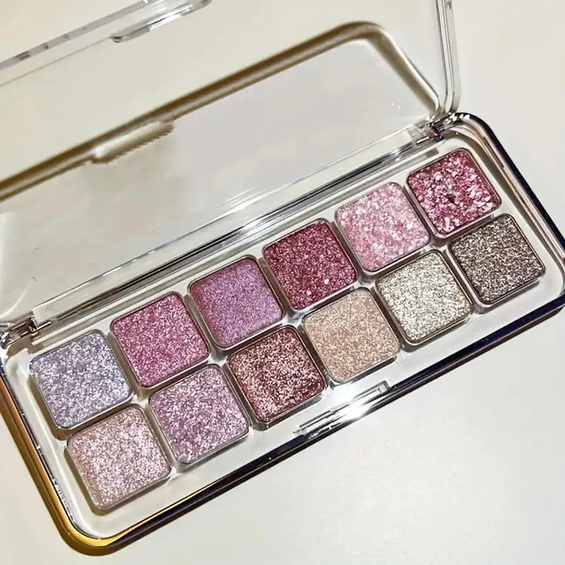 12-color eyeshadow palette - pink, white, red glitter and shimmer effects
Highly pigmented, long-lasting
