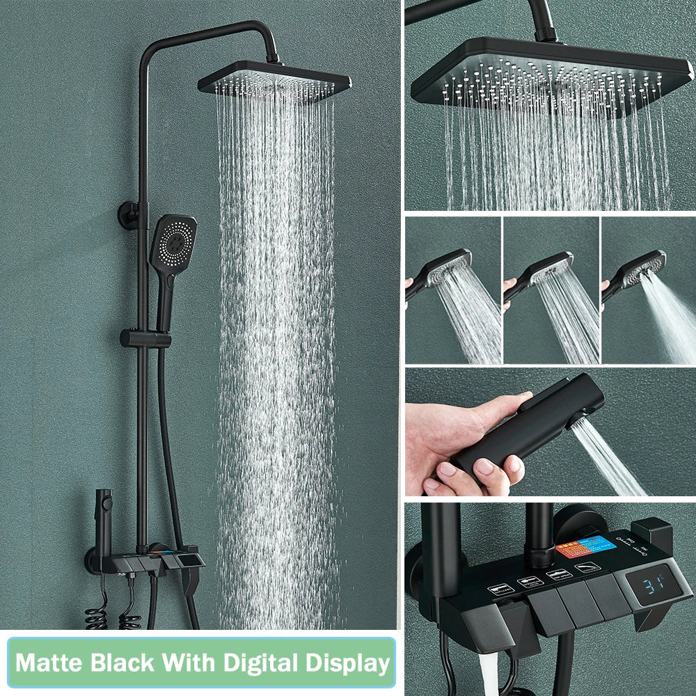 Black Smart Digital Display Shower Faucet Set Piano Style
Rainfall Bathroom System Grey Digital Mixer Tap Bidet Shower