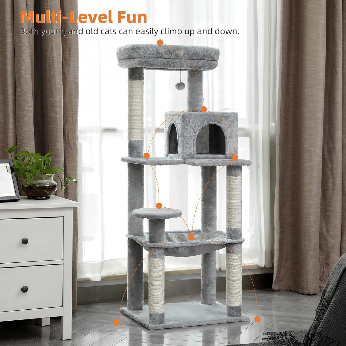 Cat Tree for Indoor Cats 5-Level Cat Tower for Large Cats
with Large Hammock Sisal Covered Scratching Posts Cozy Condo Top Perch