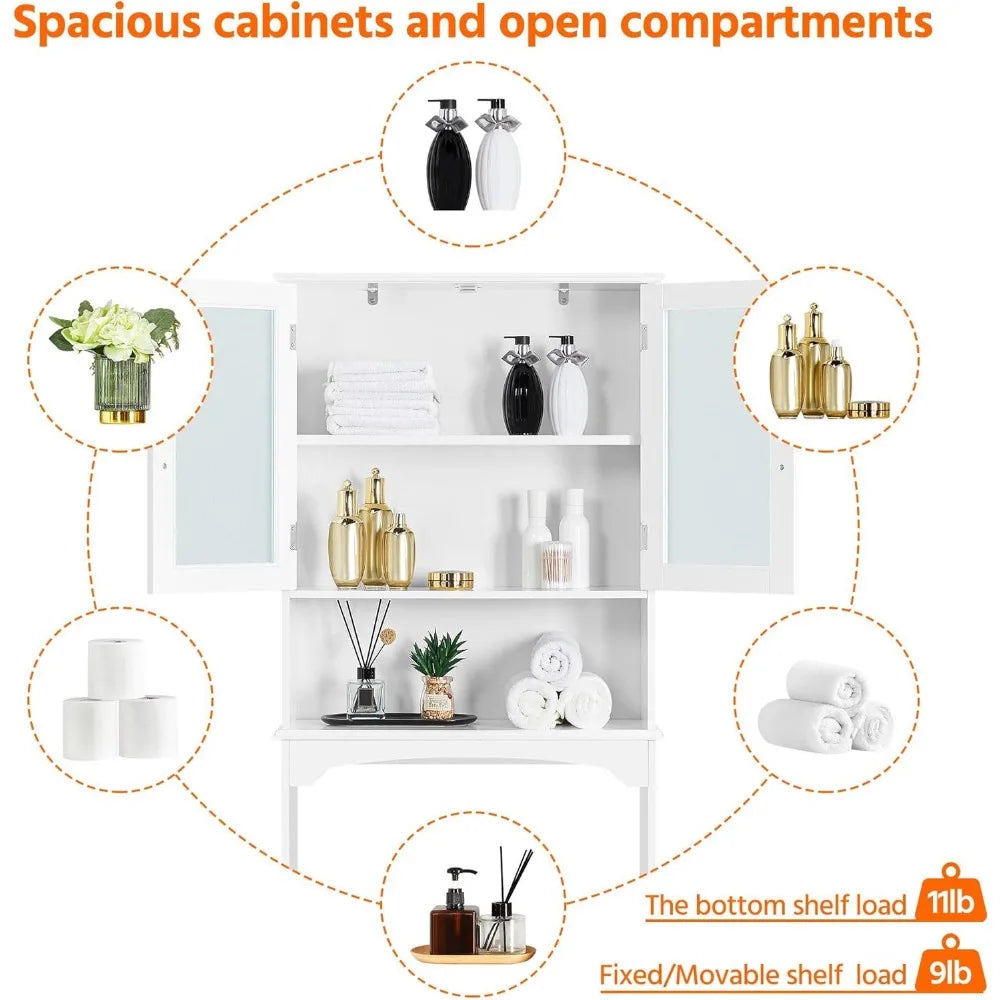 Over The Toilet Storage Cabinet with Double Tempered Glass Doors and Adjustable Shelf,