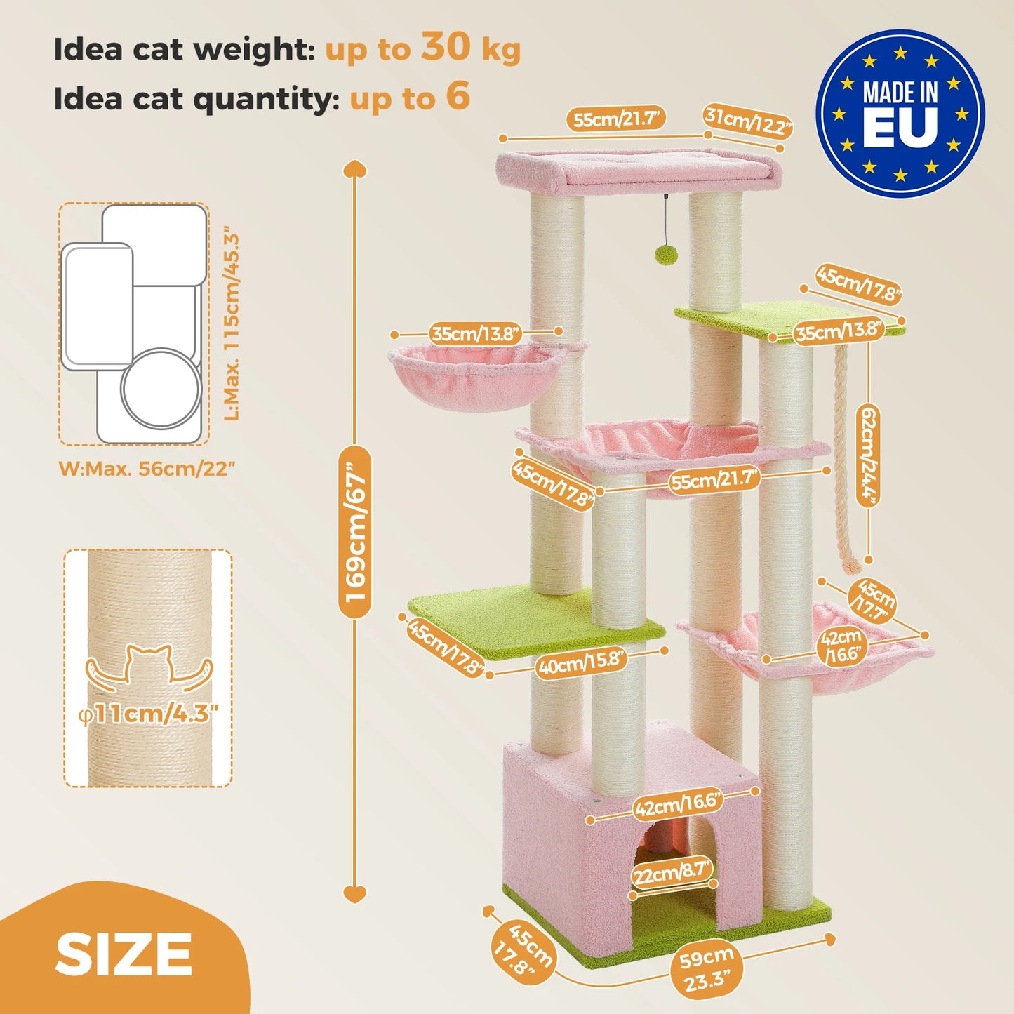 Multi-Level Cat Tree with Scratching Posts, Cozy Condo, Super Large Perch, Deep Hammocks,
Tall Cat Tower for Indoor Adult Cats