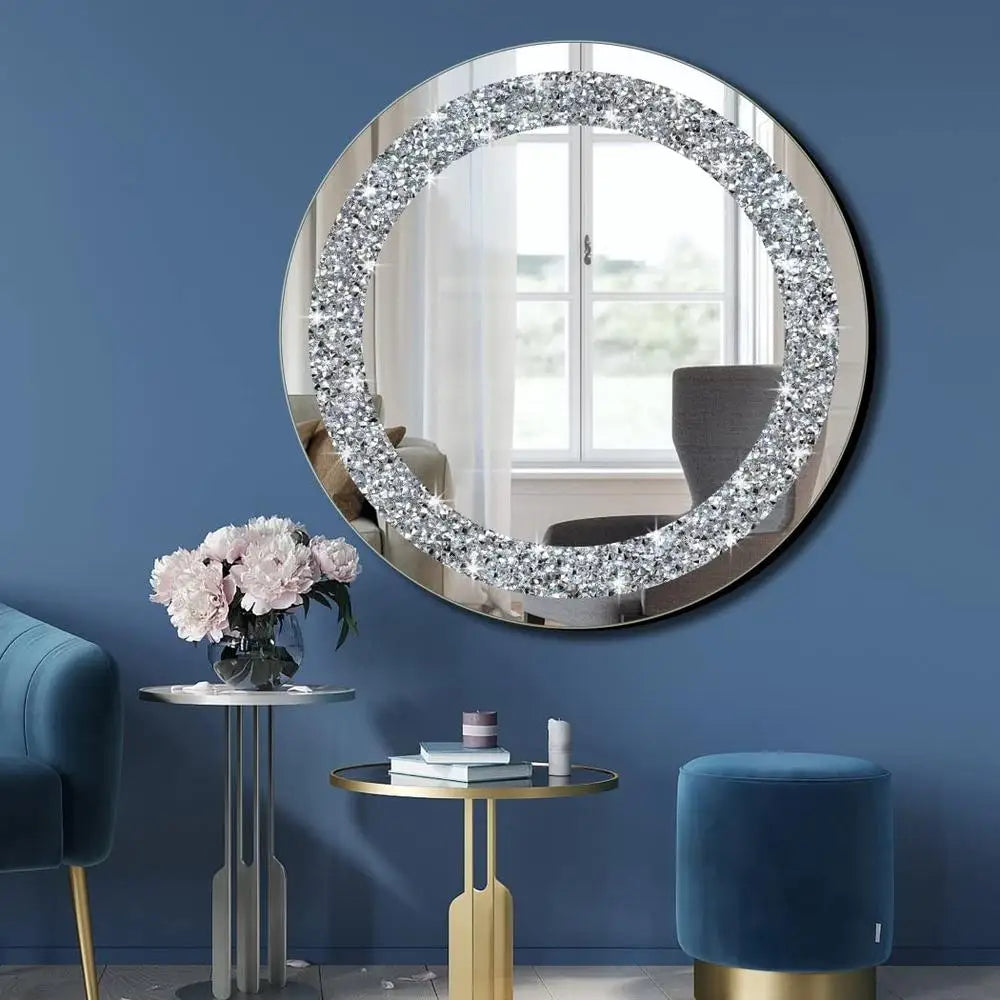 Crystal Crush Diamond Sparkly Oval Silver Wall Mirror 24x16x1 inch Frameless Bling Chic Home Decor