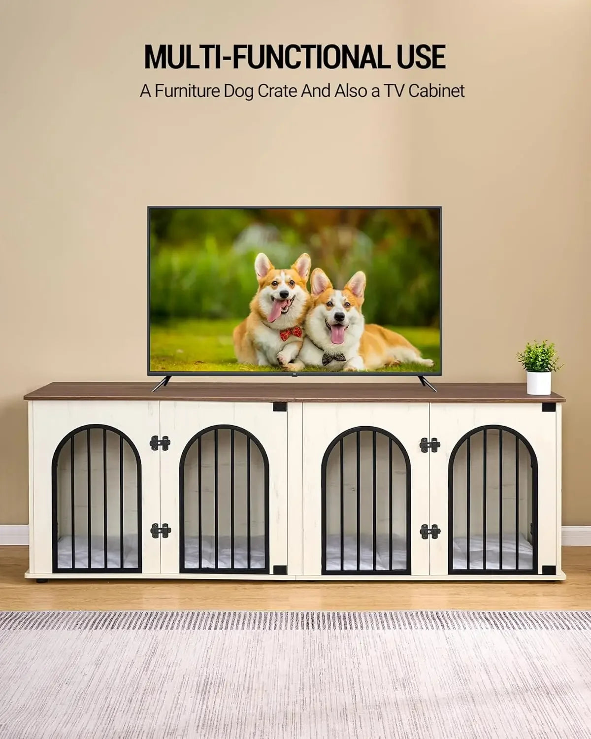 Dog Crate Furniture, 71" Heavy Duty Dog Kennels
with Divider, Pads, Side Table, TV Cabinet,Anti-Chew Anti-Escape, White Brown
