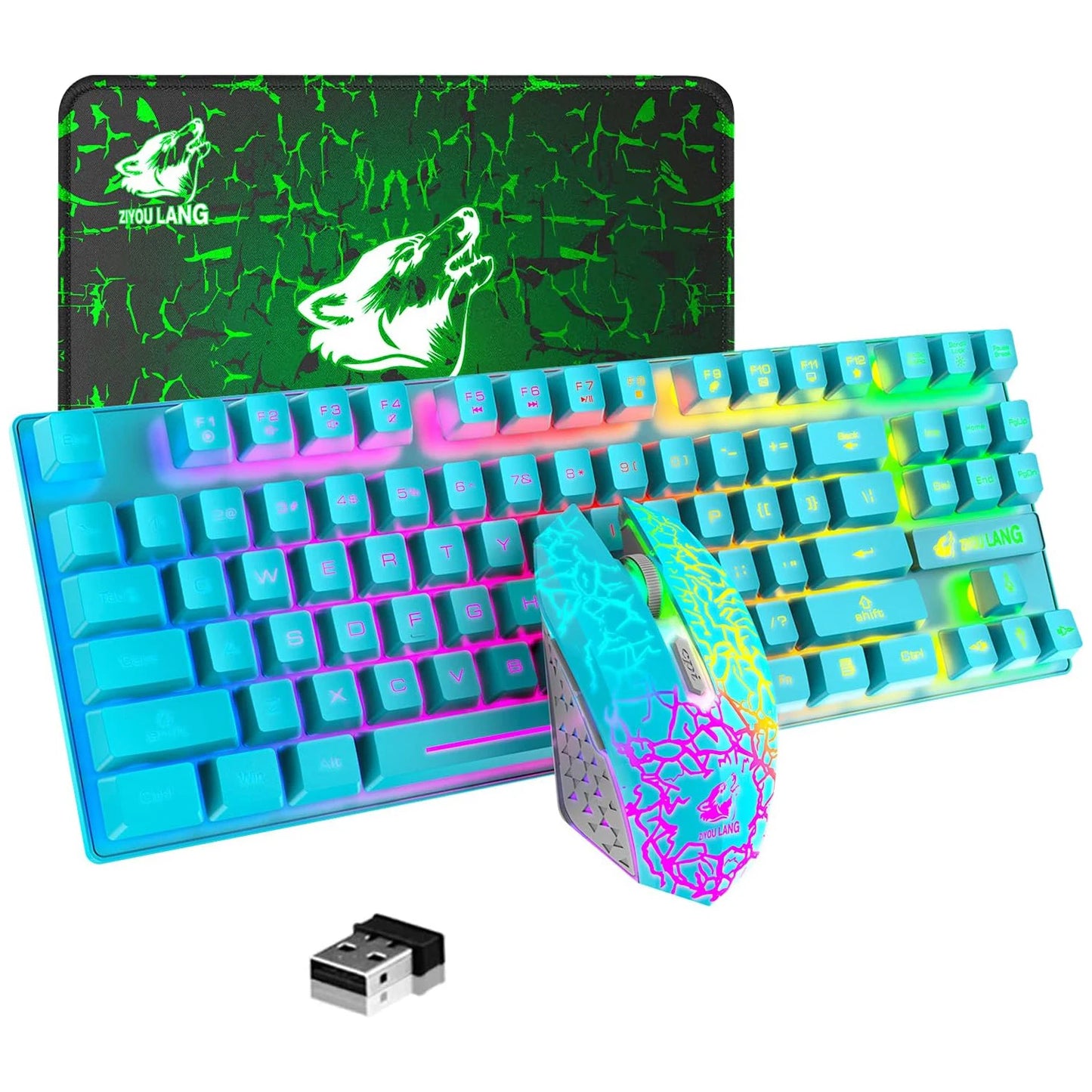 Wireless Gaming Keyboard and Mouse Comb
,Rainbow Backlit Rechargeable 3800mAh Battery,
87 Keys Mechanical Feel Keyboard