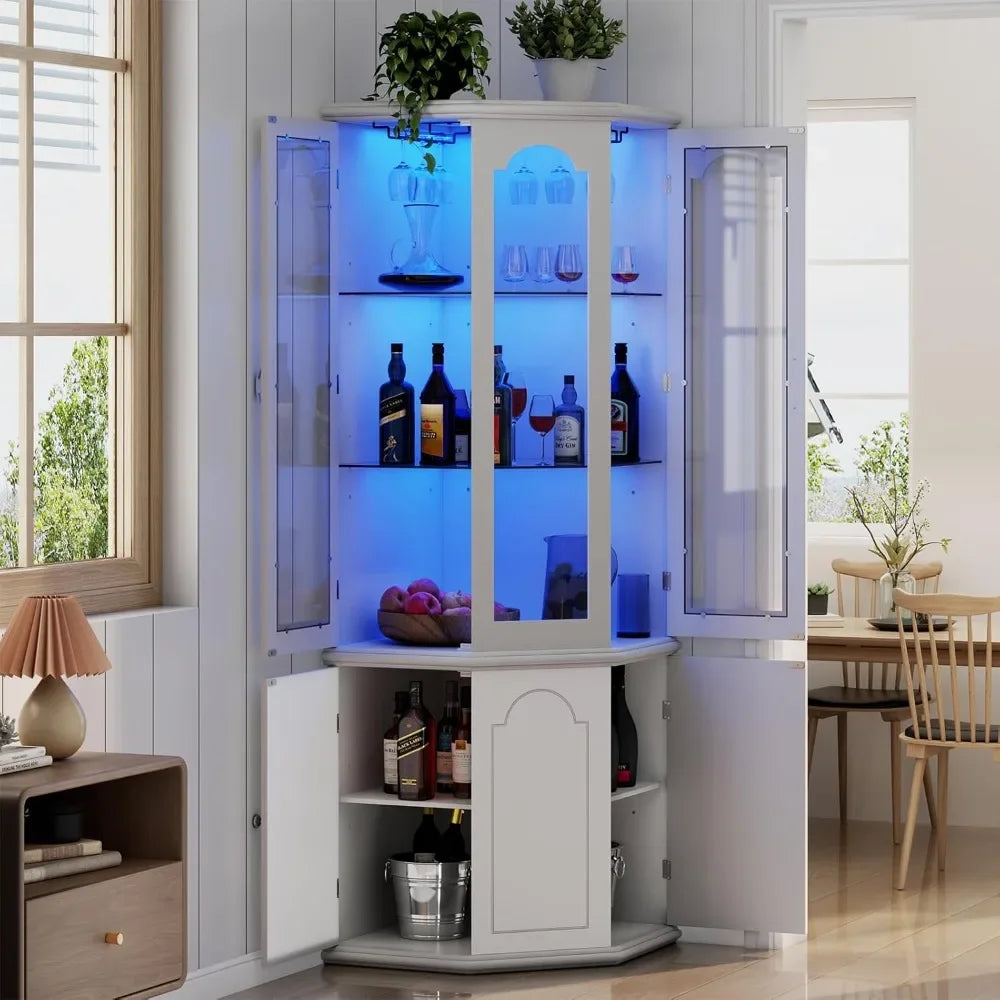 Corner Bar Cabinet w/LED Lights, Tall Modern Wine Cabinet with Tempered Glass Door
& Adjustable Shelves, Home Bar Liquor Storage