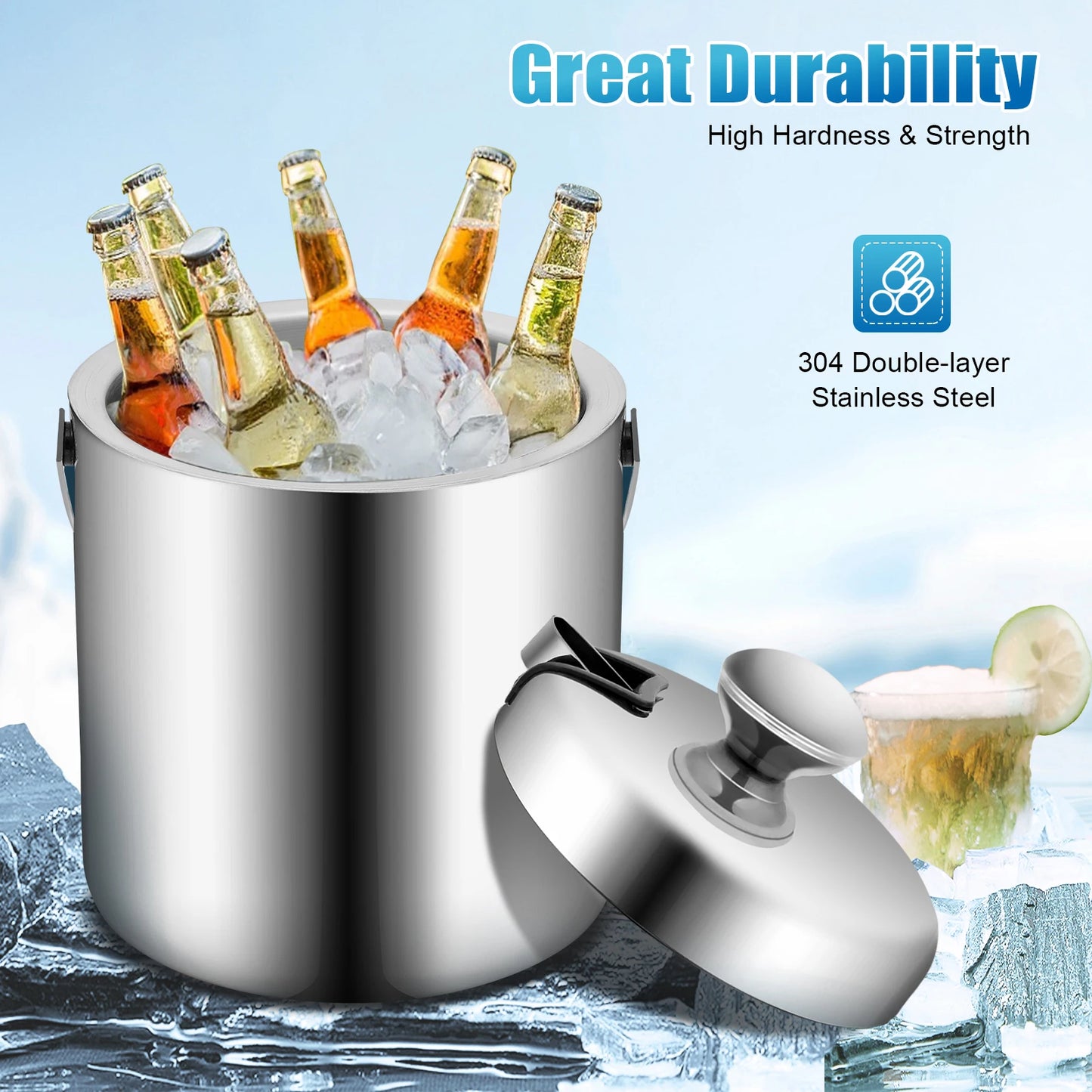 1.3L Ice Bucket Kit Stainless Steel Insulated Double-layer with Tongs