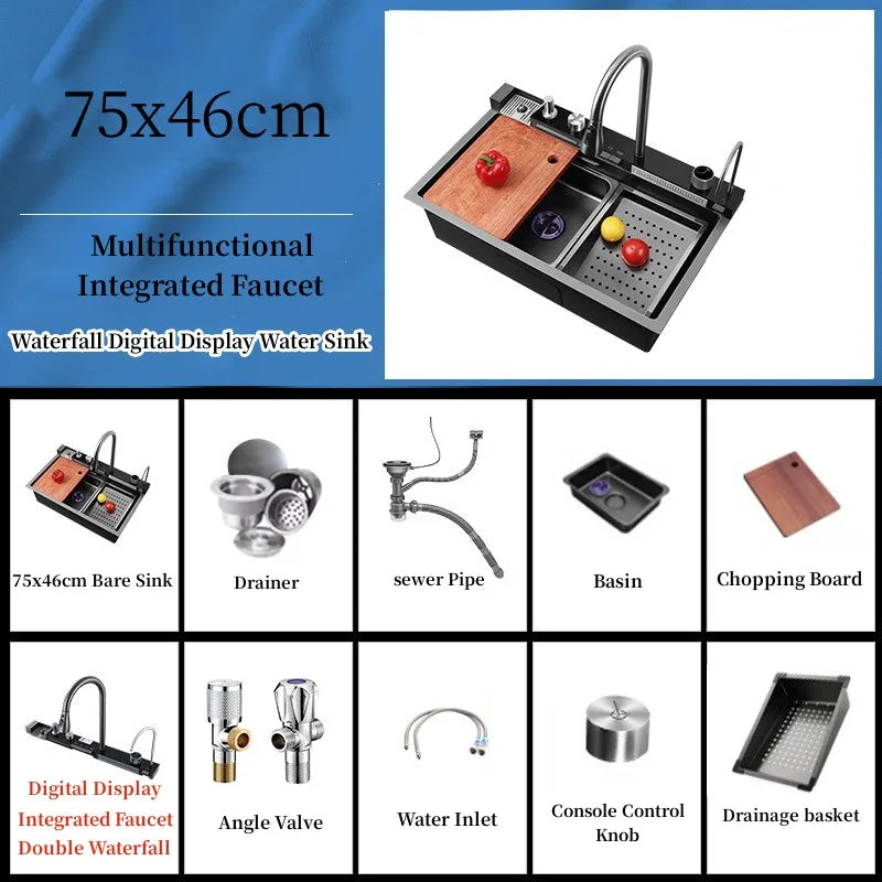 Stainless Steel Waterfall Kitchen Sink
Large Single Slot Integrated Digital Display Faucet Set Soap Dispenser Cup Washer