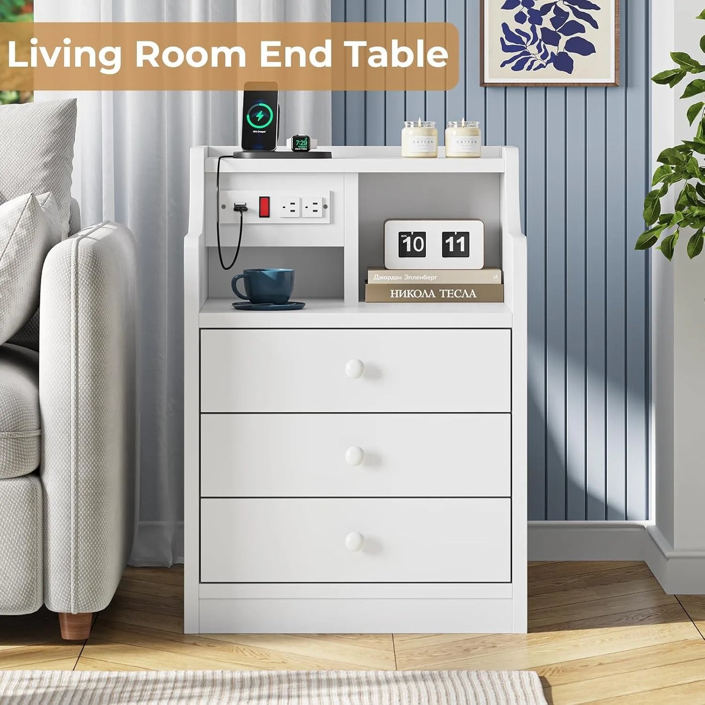 Charging Night Stand with Hutch & Storage Drawer 13.8"D x 17.7"W x 26.8"H