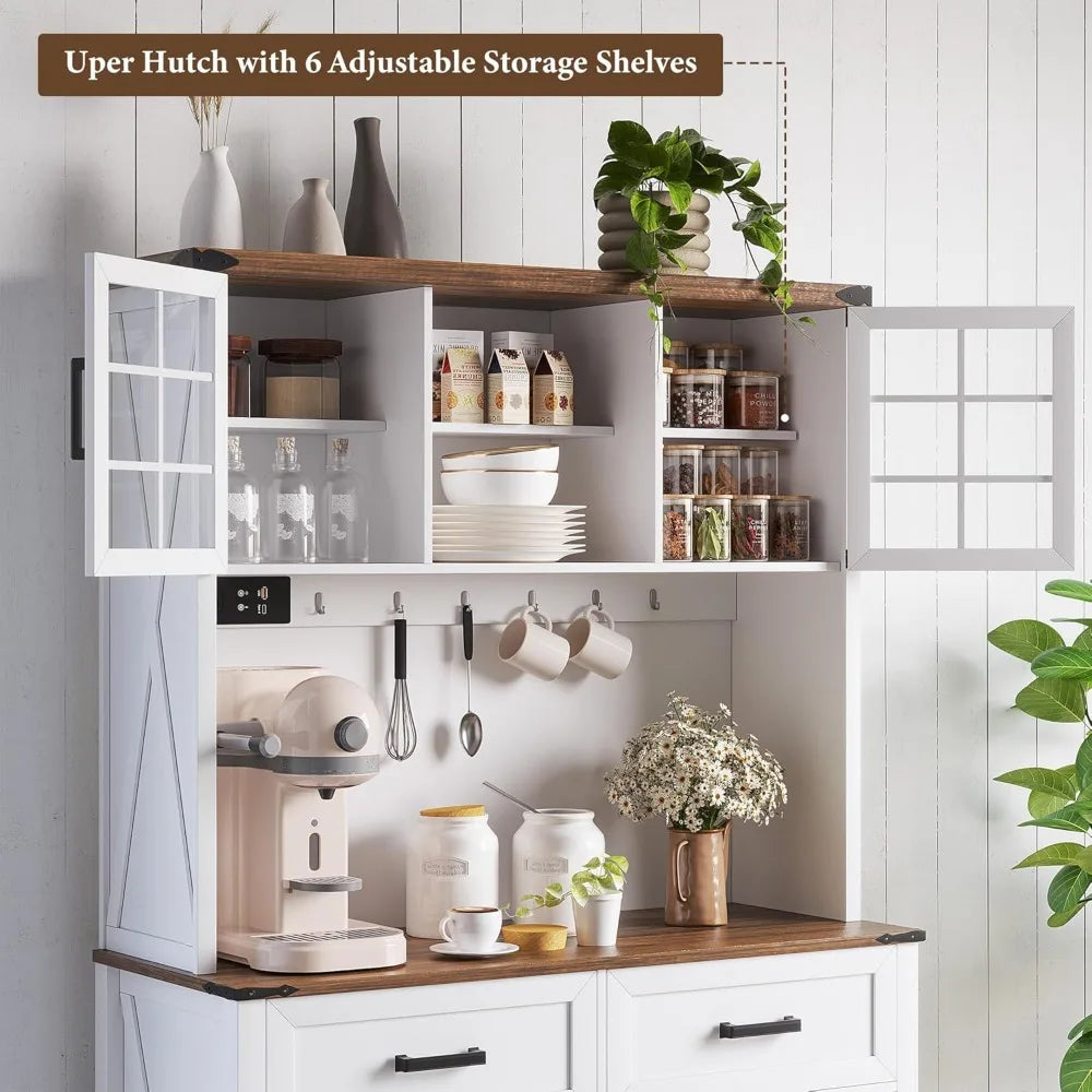 Bar Cabinet with LED Lights & Power Outlets,
Kitchen Buffet with Hutch & 2 Large Drawers
, Barn Door Design, 8 Storage Shelves