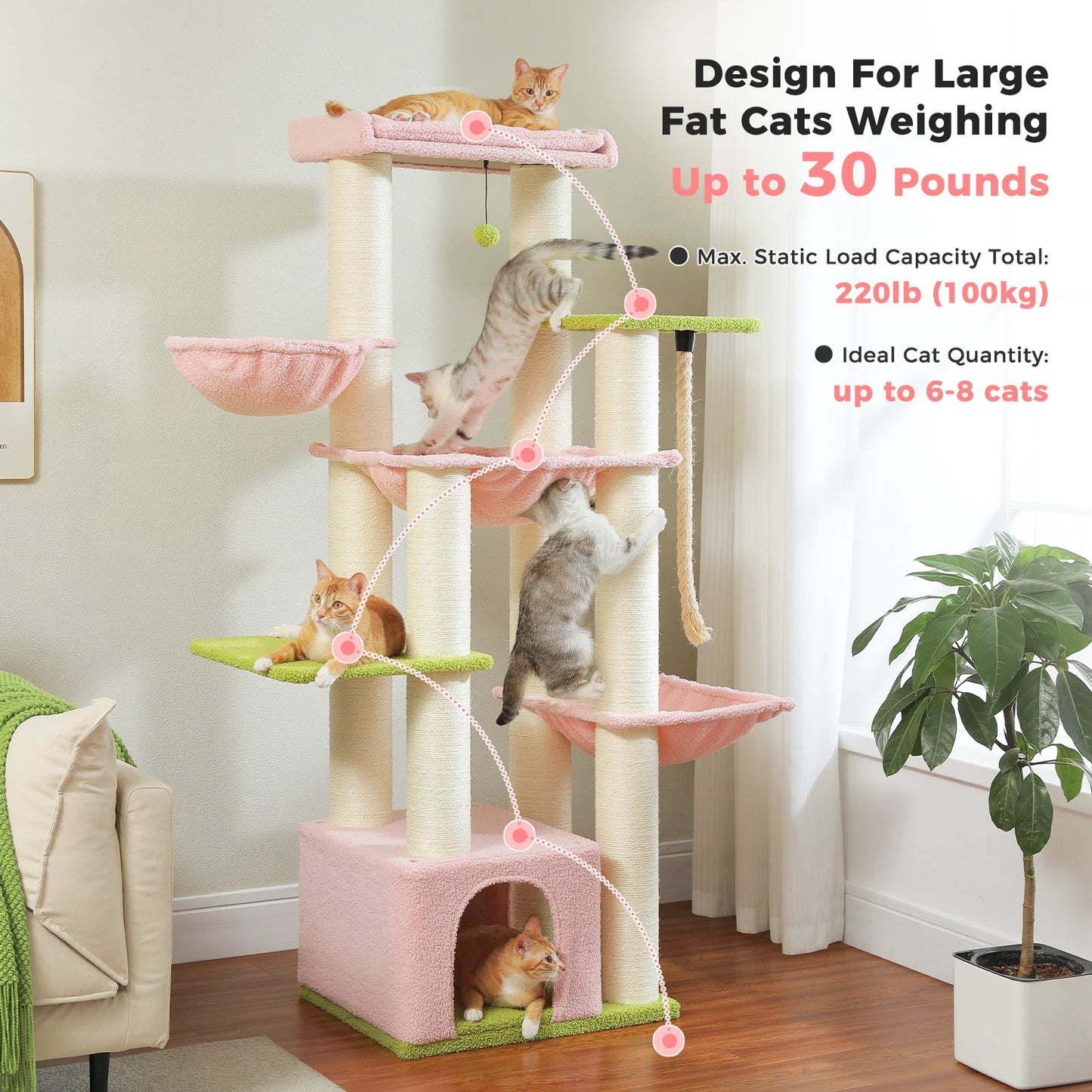 Multi-Level Cat Tree with Scratching Posts, Cozy Condo, Super Large Perch, Deep Hammocks,
Tall Cat Tower for Indoor Adult Cats