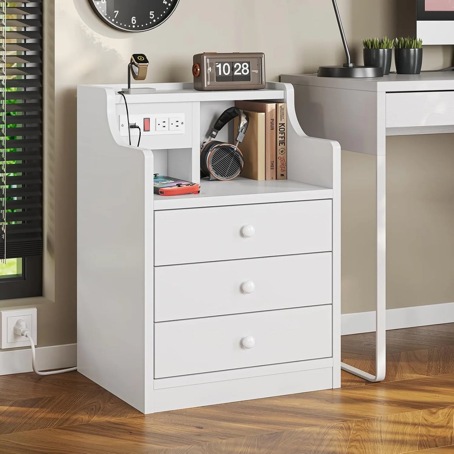 Charging Night Stand with Hutch & Storage Drawer 13.8"D x 17.7"W x 26.8"H