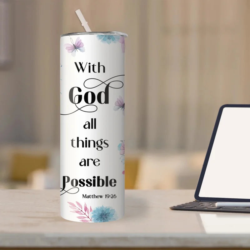 1pc 20oz With God All Things Are Possible Tumbler With Lid And Straw Christian Insulated
