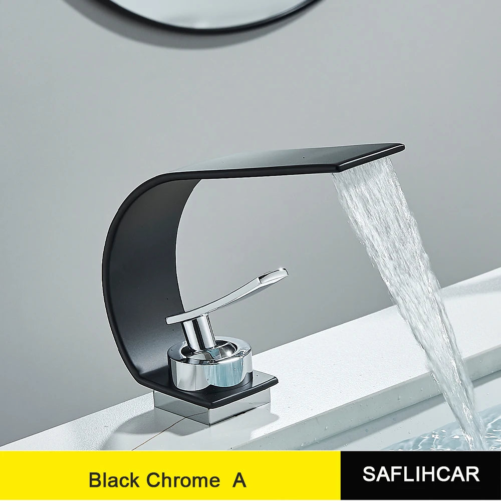 Curve Single Handle Black Bathroom Sink Faucet Hot Cold Mixer Water Tap Waterfall Vanity Vessel Sink Faucet