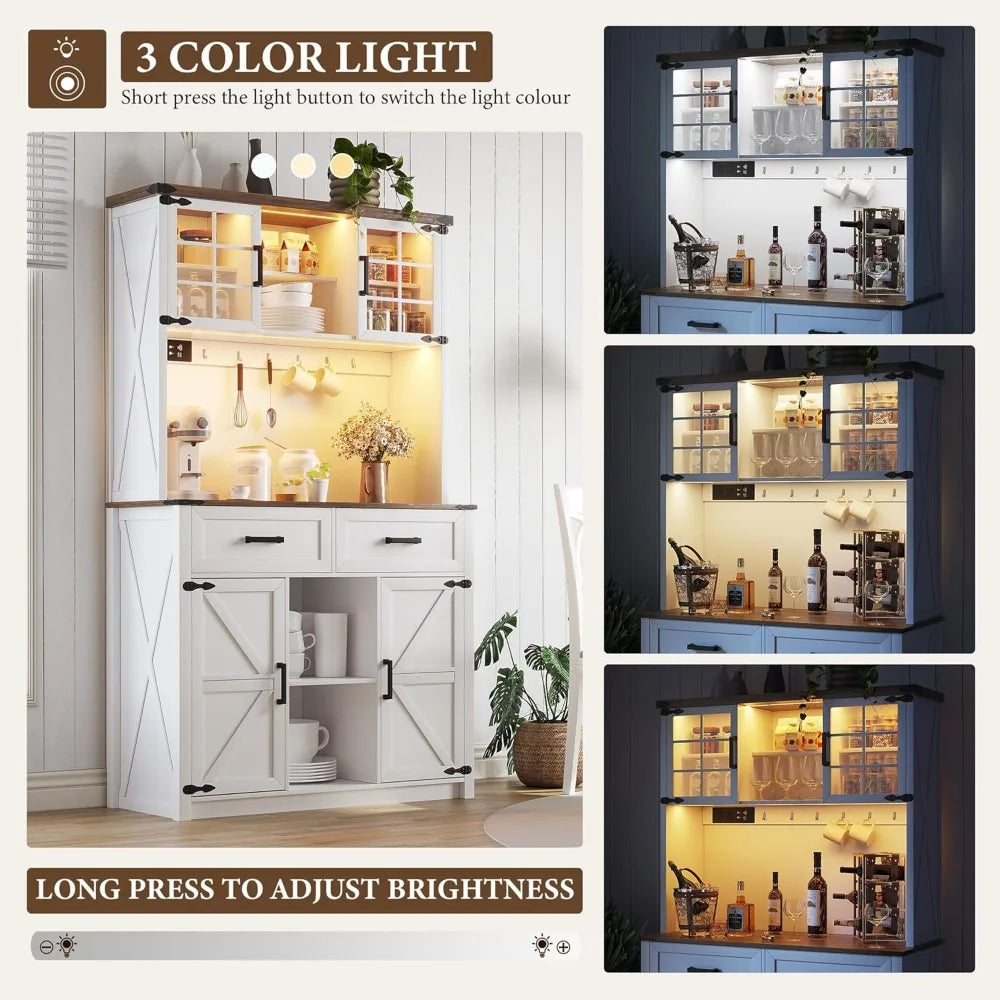 Bar Cabinet with LED Lights & Power Outlets,
Kitchen Buffet with Hutch & 2 Large Drawers
, Barn Door Design, 8 Storage Shelves