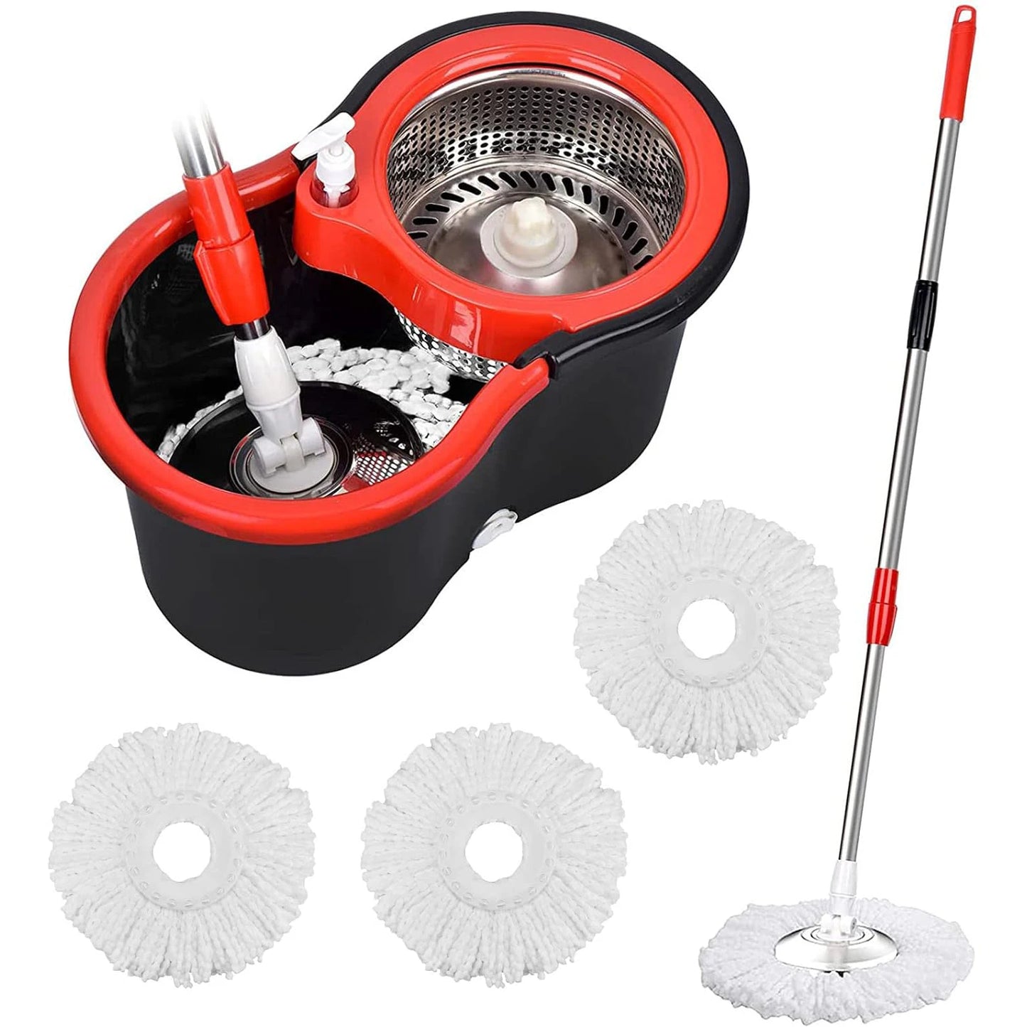 360° Spin Mop Bucket Sets with Wring System
3 Microfiber Heads, Stainless Steel Basket 61" Extended Handle Floor Cleaning