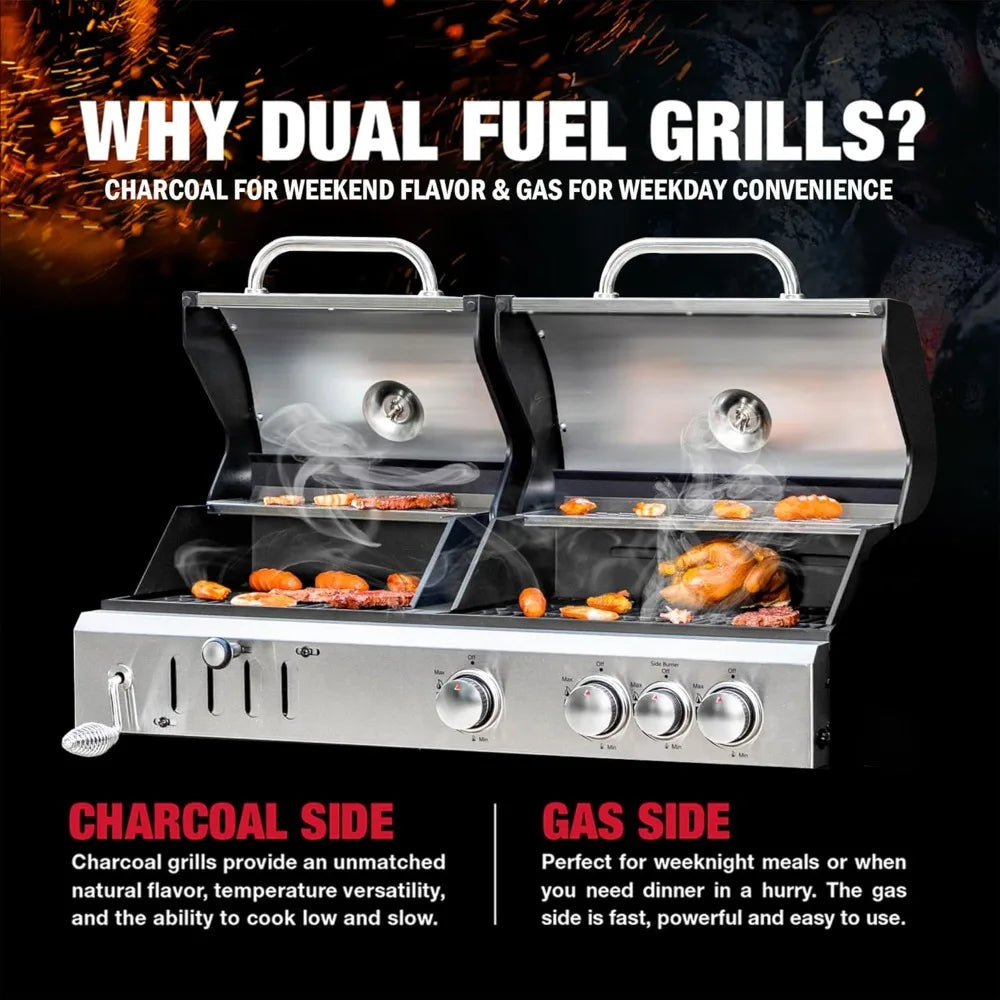 BBQ Grill 3 Burner Propane Gas and Charcoal Grill Combo with Side Burner