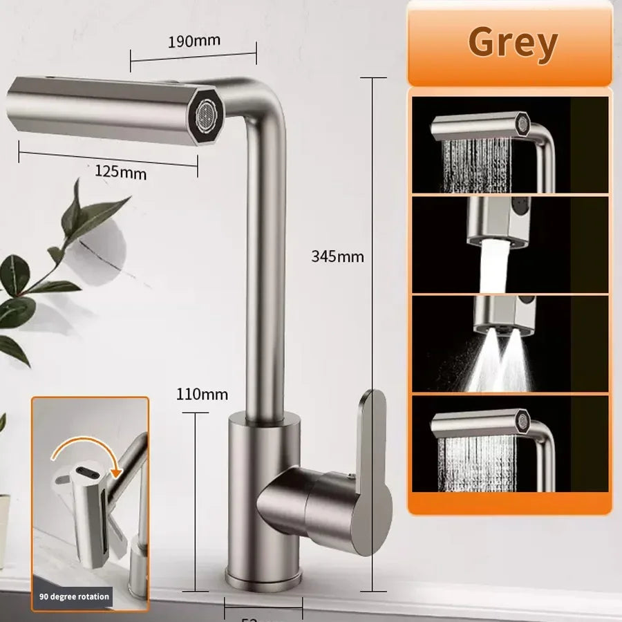 4 Modes Waterfall Kitchen Faucet Universal 360°Rotating Swing Arm
Stainless Steel Hot Cold Single Hole Deck Mounted Sink Tap