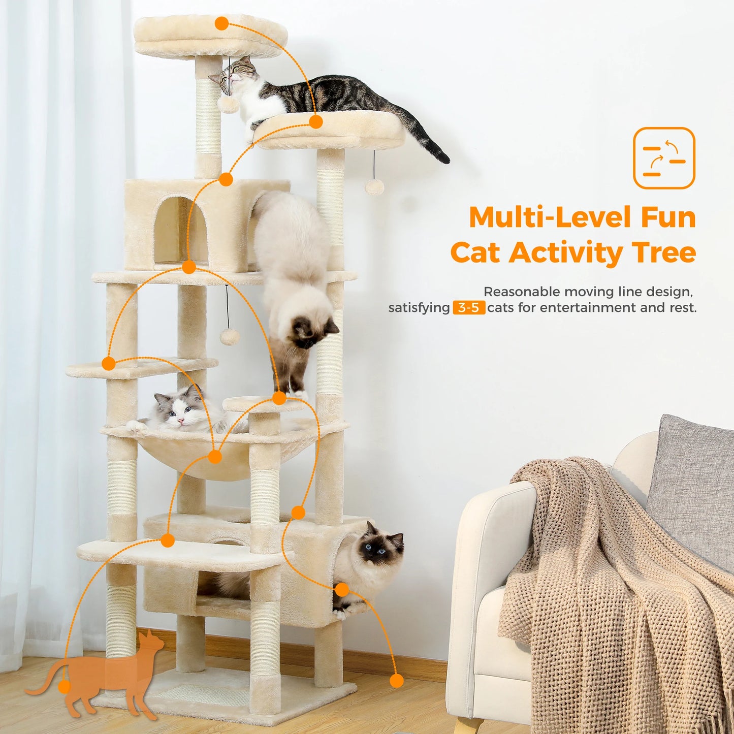 184cm Large Cat Tree and Tower for Indoor Cats With Sisal-Covered
Scratching Posts Spacious Hammock Padded Perches and Condos